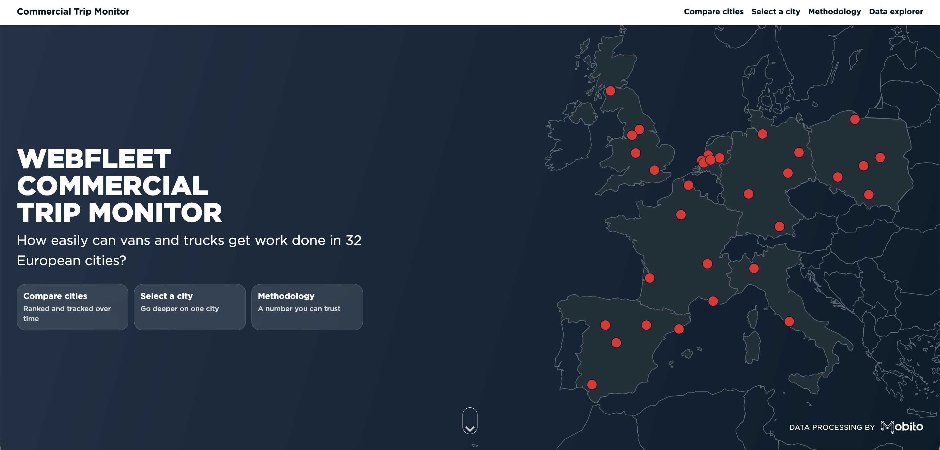 Webfleet Commercial Trip Monitor landing page with a map of the 32 European cities covered